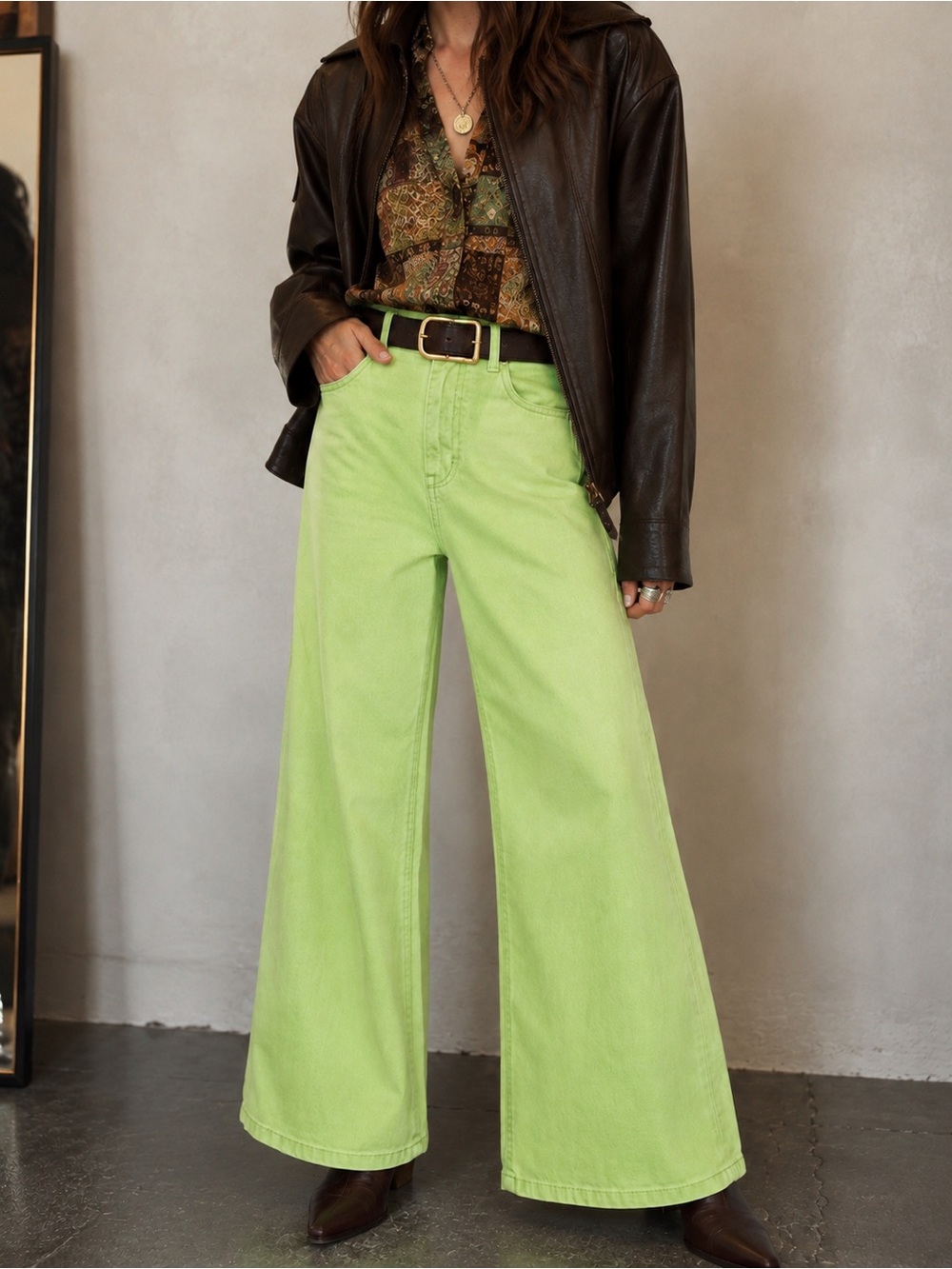 Urban Outfitters Lime Green Wide Leg Jeans Size 29 High Rise Fall Indie Sleeze
